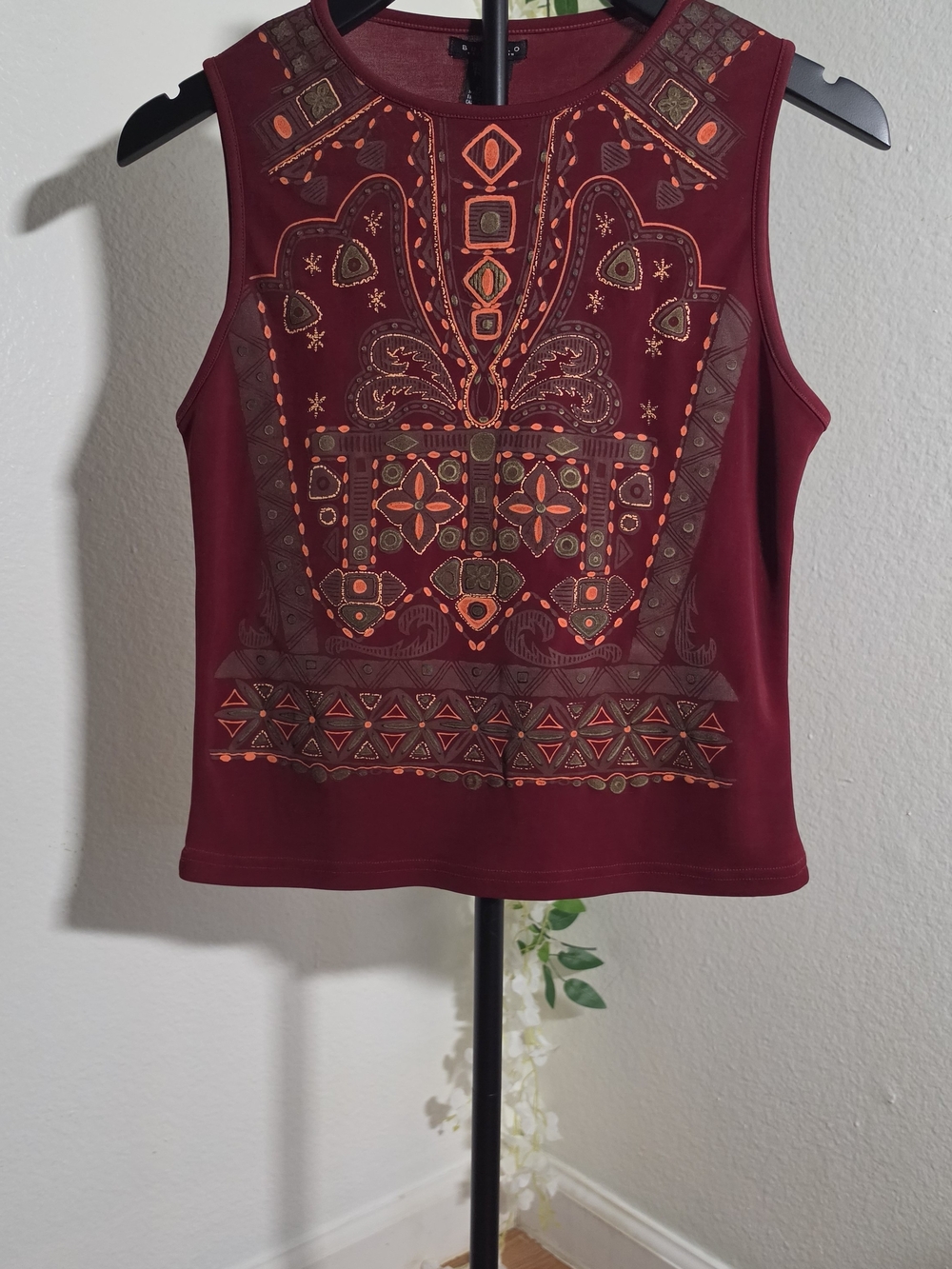 Buffalo David Bitton Burgundy Embroidered Tank with Orange Accents